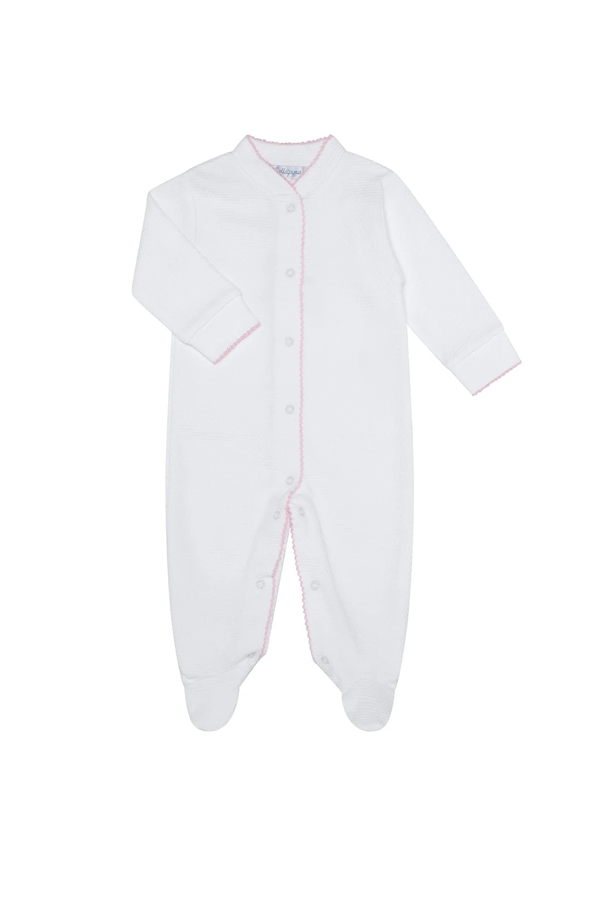 White Bubble Baby Footie: Pink Picot Trim