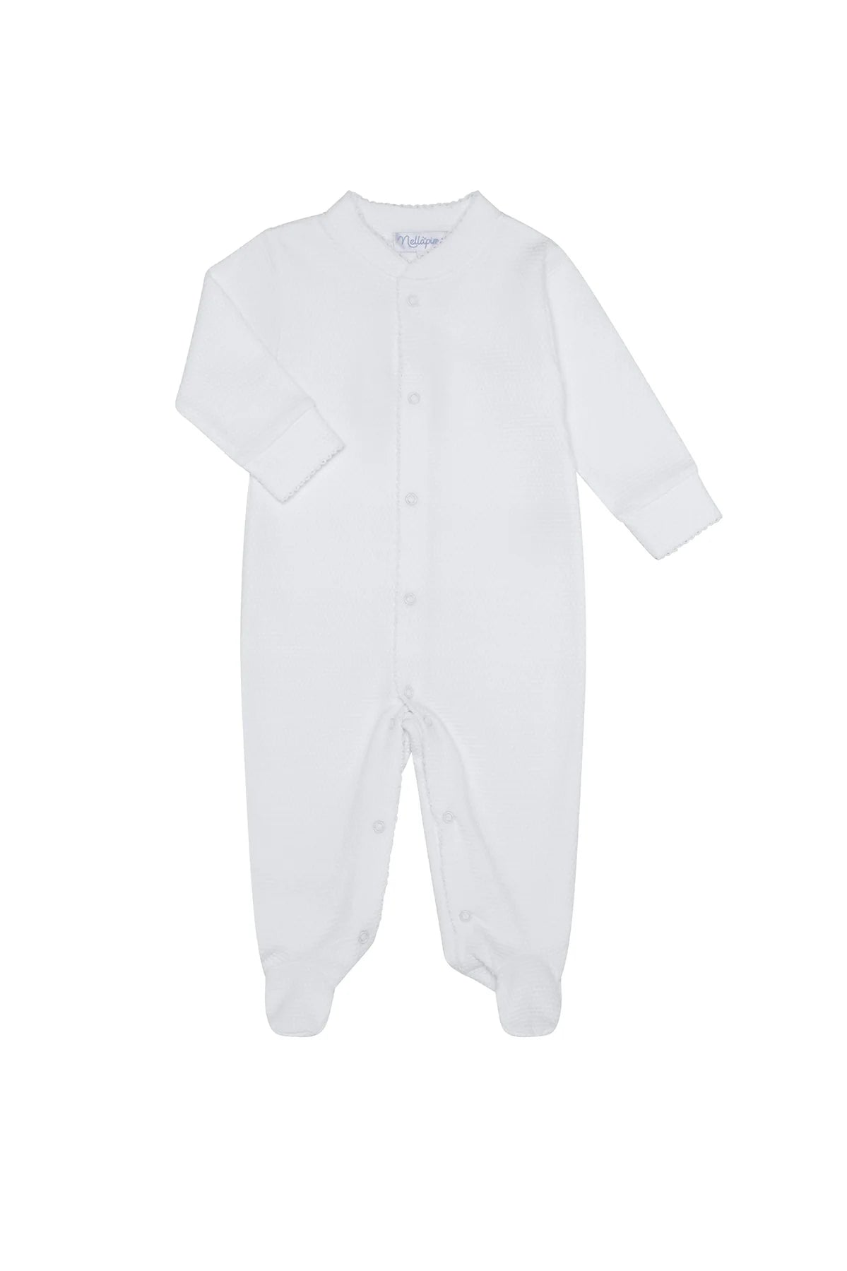 White Bubble Baby Footie: White Picot Trim