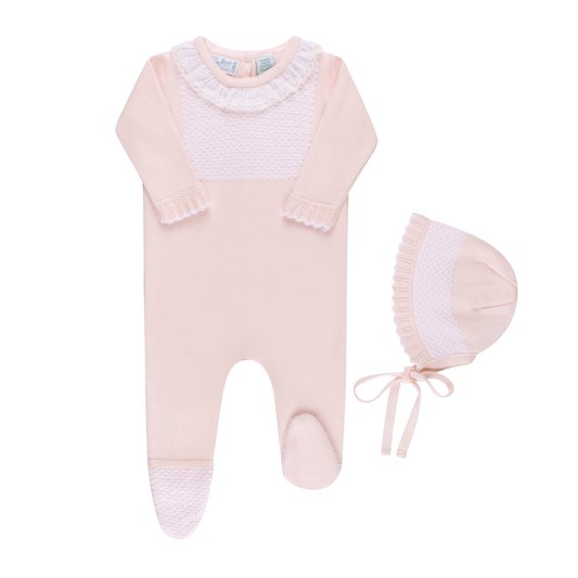 Girls Jacquard Ruffled Knit Romper Footie & Bonnet: Pink
