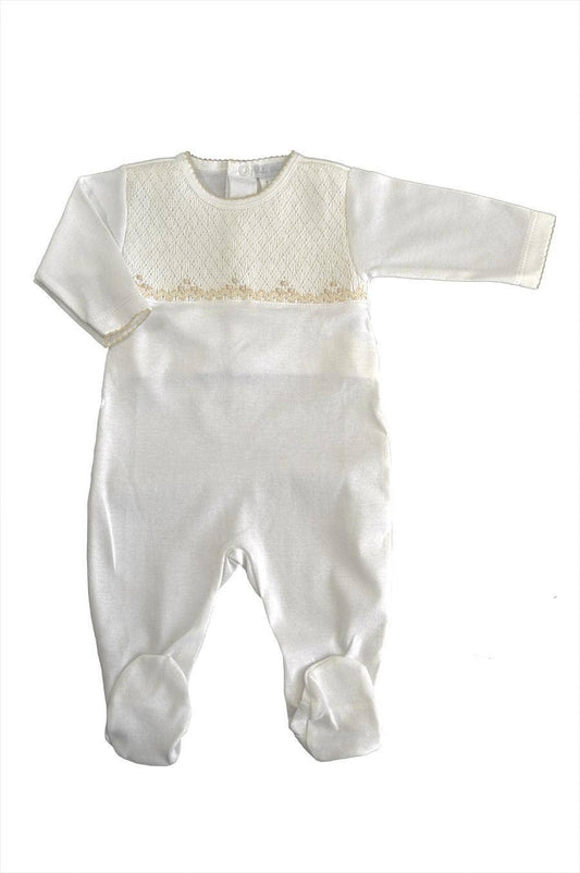 White and ecru Pima Cotton Baby Footie with Ecru Picot Edge