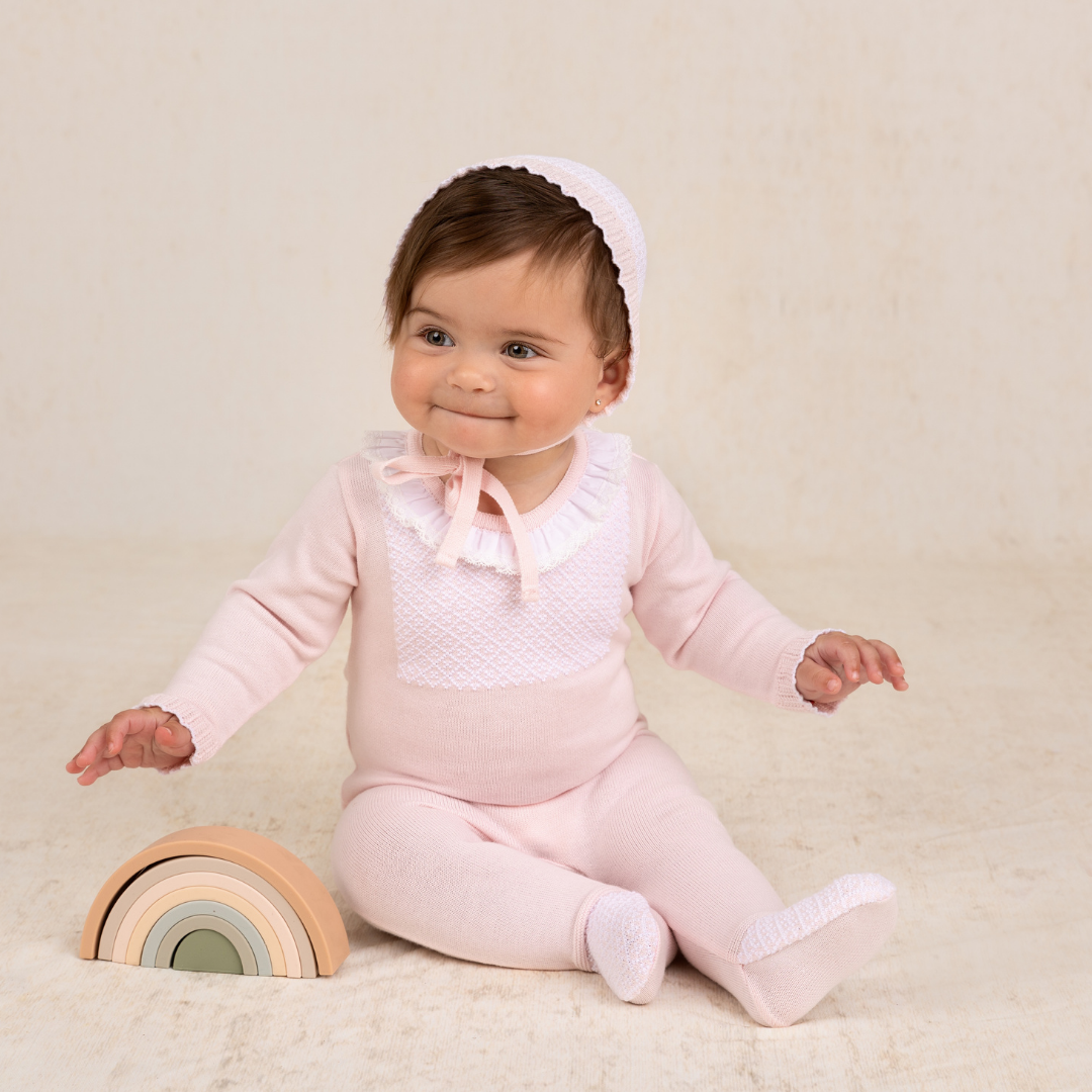 Girls Jacquard Ruffled Knit Romper Footie & Bonnet: Pink