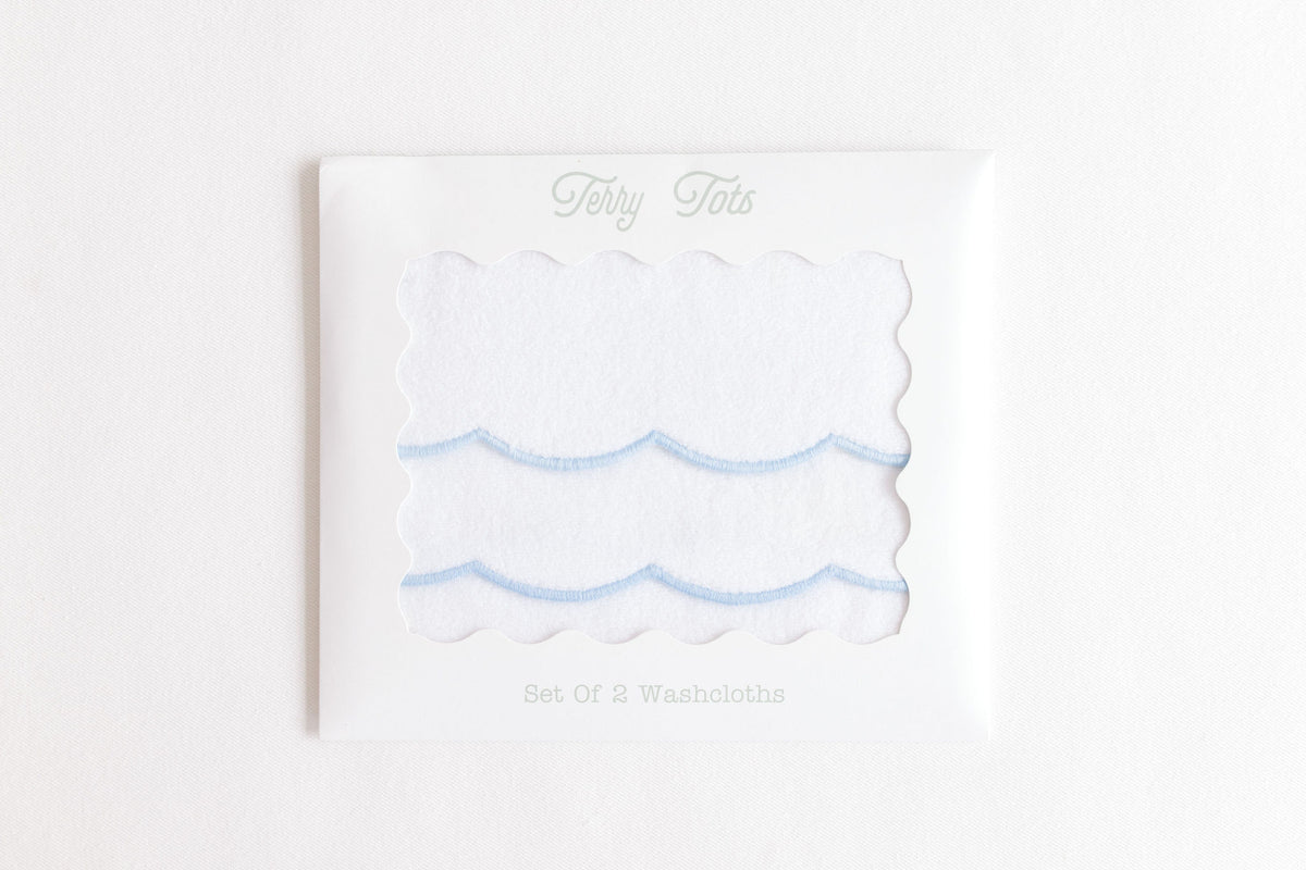 Wash Cloth Set - Blue Stripe Scalloped Edge