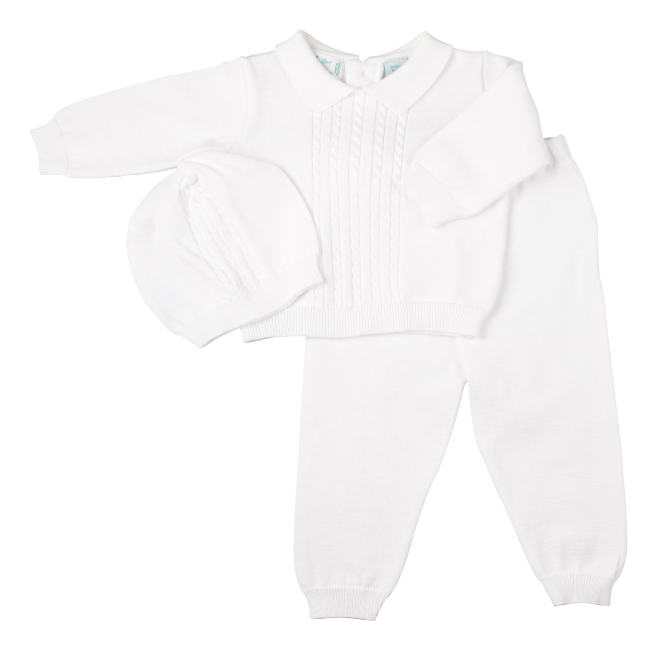Baby Boy Cable Knit Two Piece with Hat: White