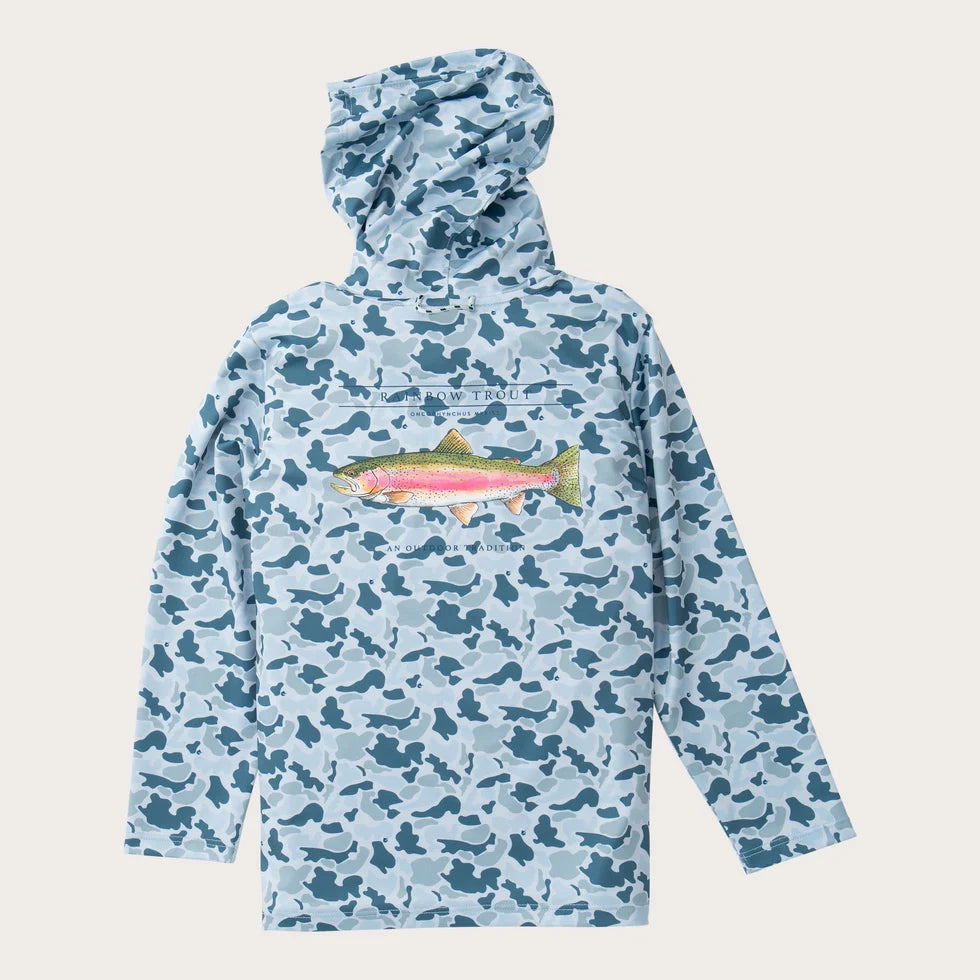 Prodoh Pro Performance Hoodie T-shirt- Coastal Blues Camo with Rainbow Trout