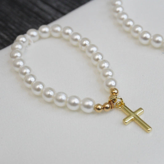 Gold Cross Pearl Bracelet: 6-12 Months
