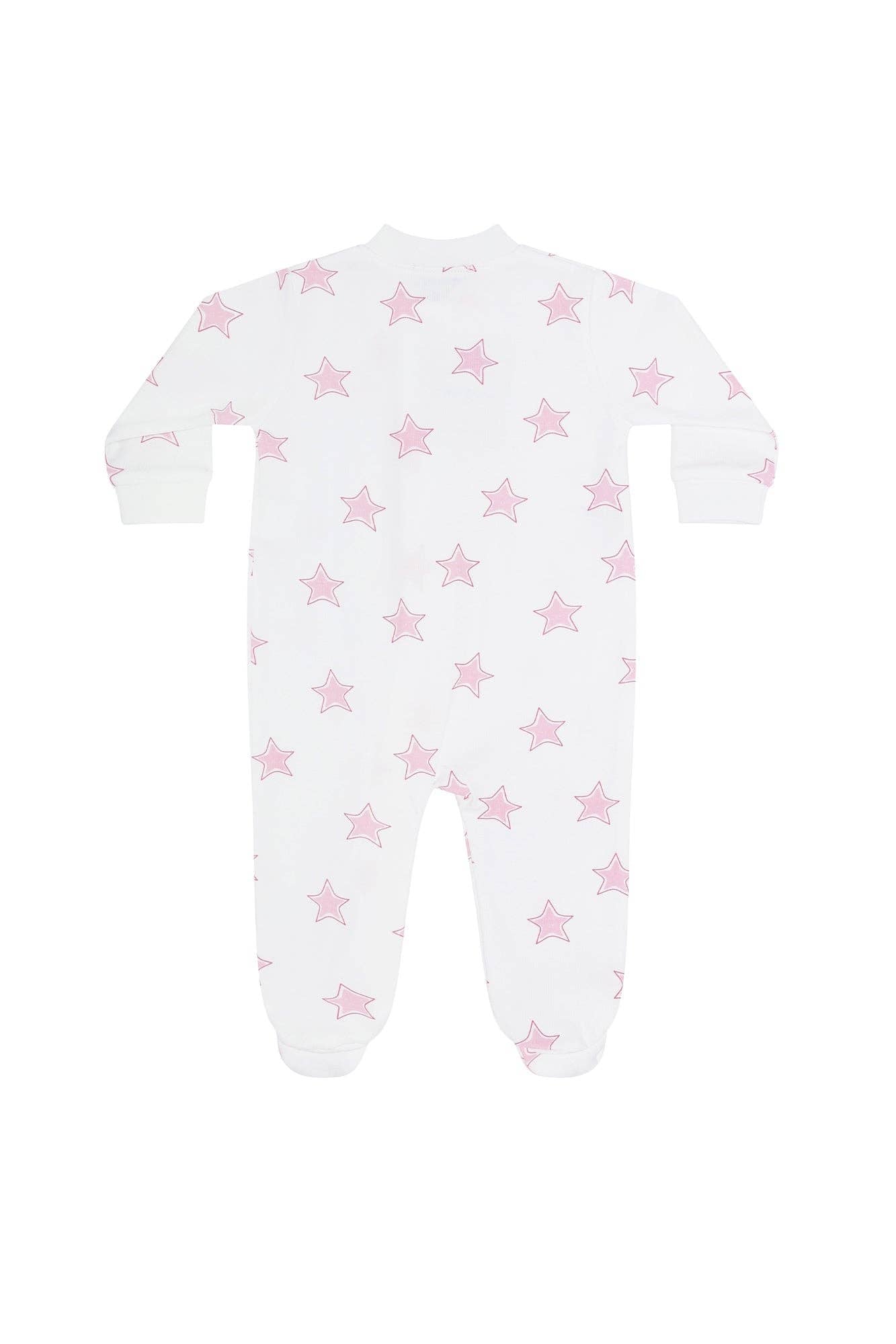Pink Stars Print Zipper Footie: Pink