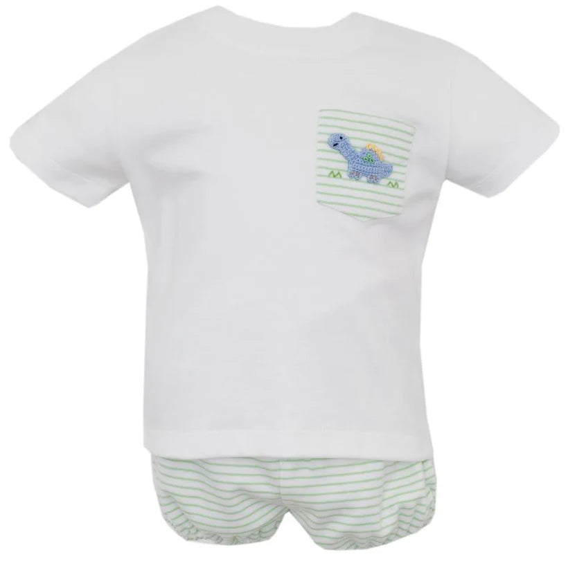 Dinos- Green Knit Stripe Boy's White T-Shirt Set w/ Diaper
