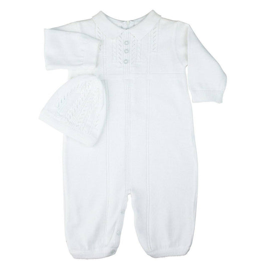 Baby Boys Collar Knit Longall with Hat: White