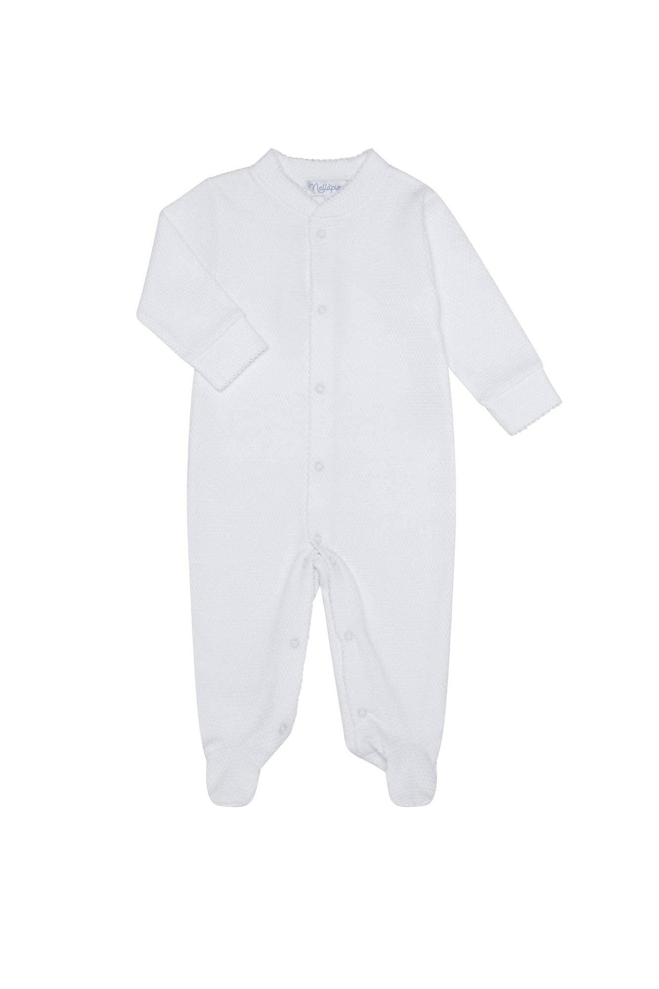 White Bubble Baby Footie: Pink Picot Trim