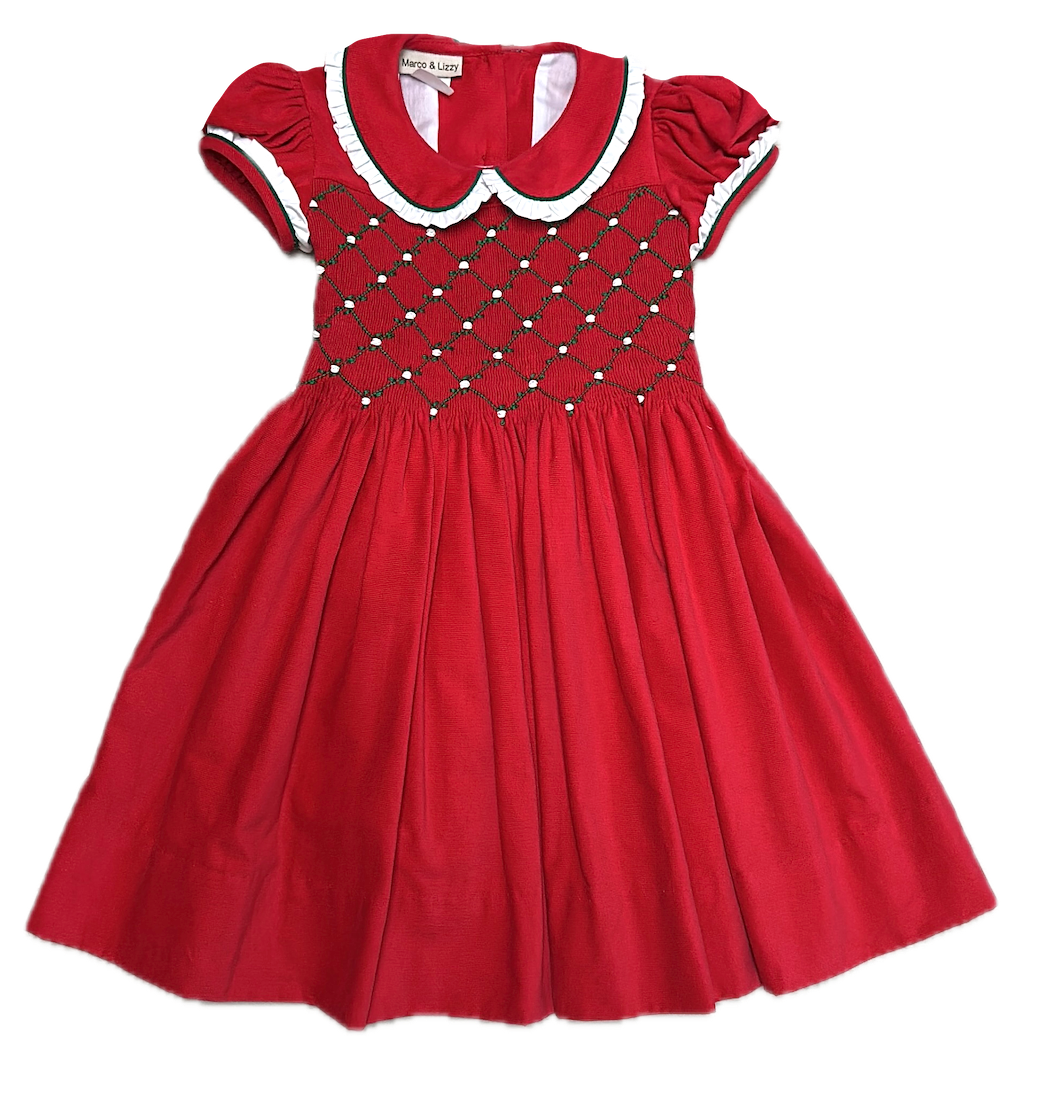 Red Corduroy Smocked Girls Dress Christmas Classic