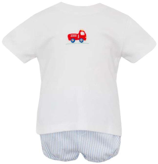 Firetruck- Lt.Blue Knit Stripe Boy's White T-Shirt Set w/Diaper