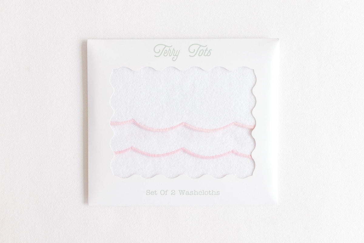 Wash Cloth Set - Pink Stripe Scalloped Edge