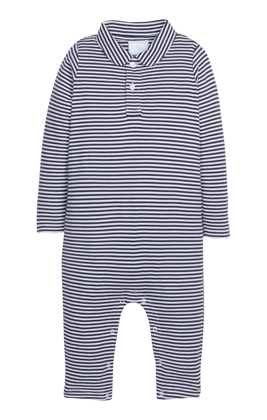 Long Sleeve Polo Romper - Navy Stripe