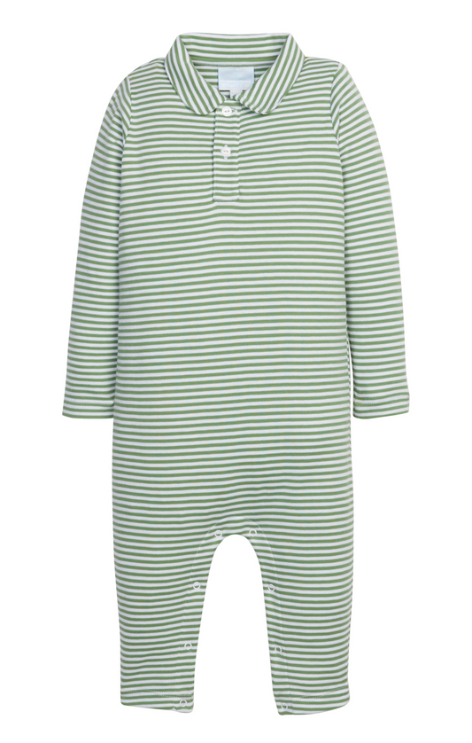 Long Sleeve Polo Romper - Watercress Stripe