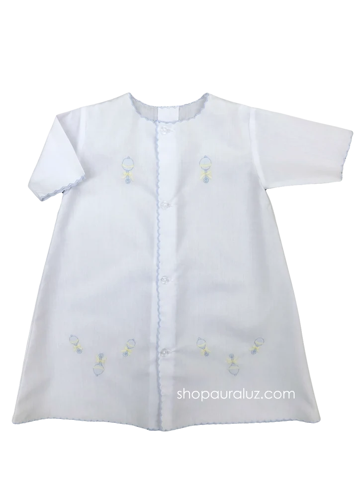 Day Gown, l/s..White with Blue Scallops and Embroidered Rattles