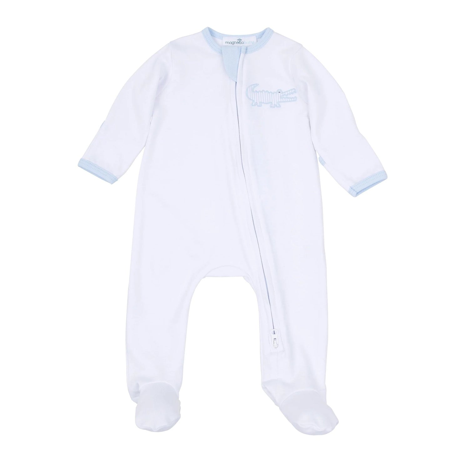 Gator Applique Zip Footie - Light Blue