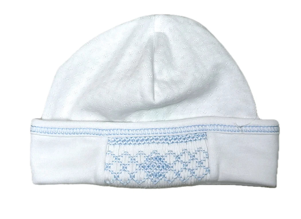 Sweet Baby Boy White Jacquard Blue Smocked Hat