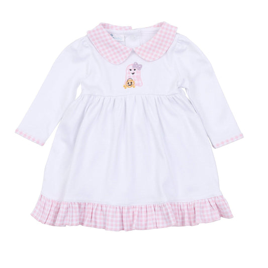 Boo Crew! Applique Collared Long Sleeve Dress - Pink: 3 Months