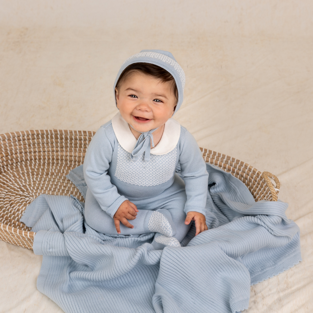 Baby & Toddler Boys Jacquard Collared Knit Romper & Bonnet: Powder Blue