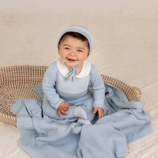 Jacquard Collared Knit Romper & Bonnet- Powder Blue