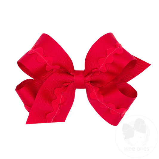 Medium Grosgrain Bow with Ric Rac - Red
