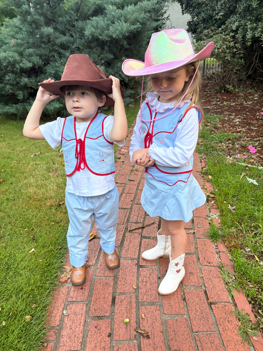 Wyatt Vest with Cowboy Embroideries and Pull On Pant- Baby Blue Twill with Blue Gingham