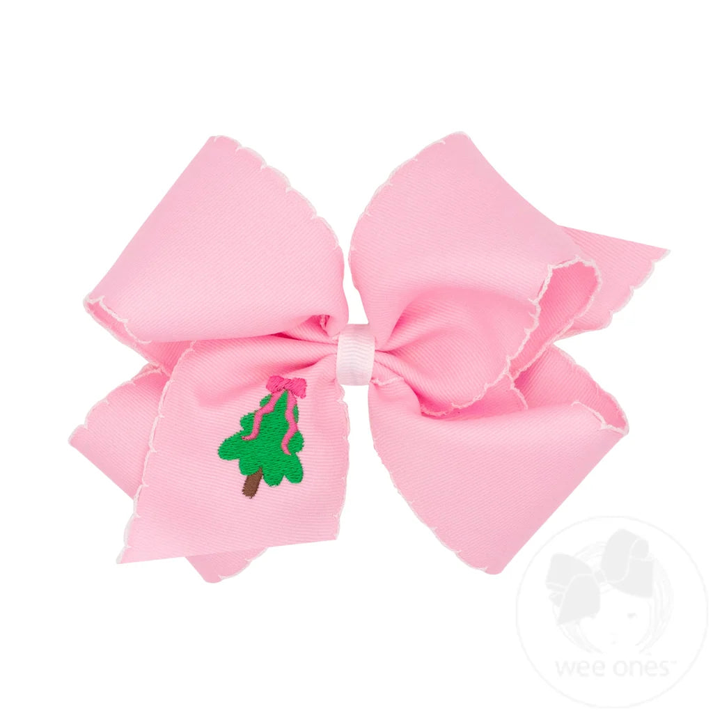 Medium Moonstitch Christmas Tree Embroidery Pink Hair Bow