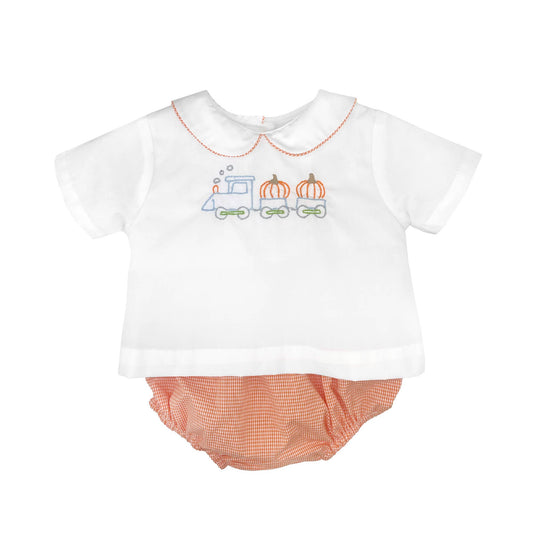 Pumpkin Train Embroidered Diaper Set: 6 Months