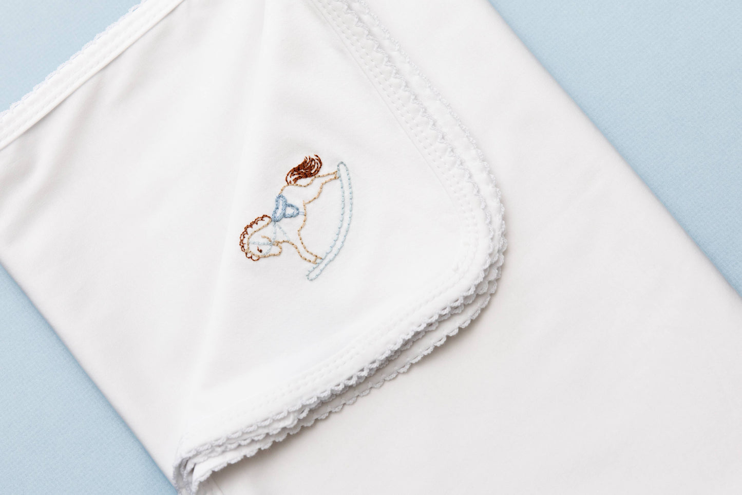 Rocking Horse Baby Blanket: White with Blue Picot Trim / One Size