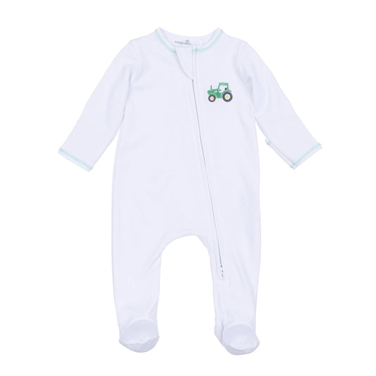 Lil' Green Tractor Embroidered Zip Footie: 6 Months