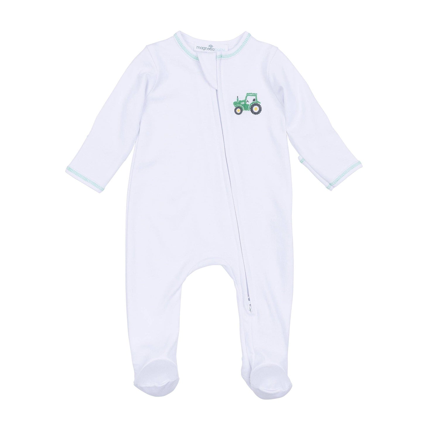 Lil' Green Tractor Embroidered Zip Footie: Newborn