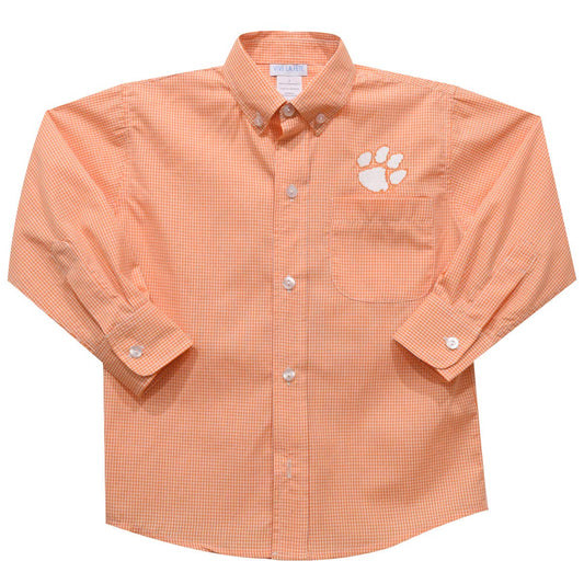 Clemson Embroidered Orange Gingham Long Sleeve Button Down: 5