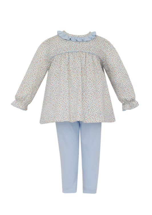 Light Blue Tunic Set with Orange Print Top and Blue Knit Leggings