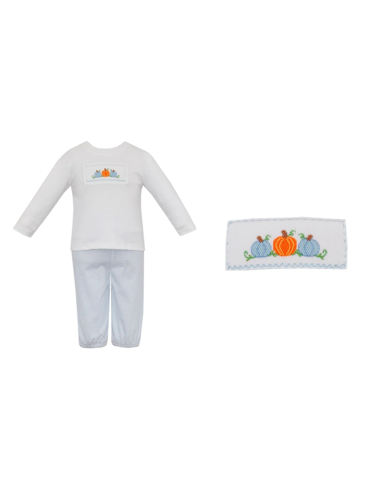 Pumpkin Boy's-Blue Gingham knit Boy's Pant Set w/ White Knit Boy's Long Sleeve Shirt