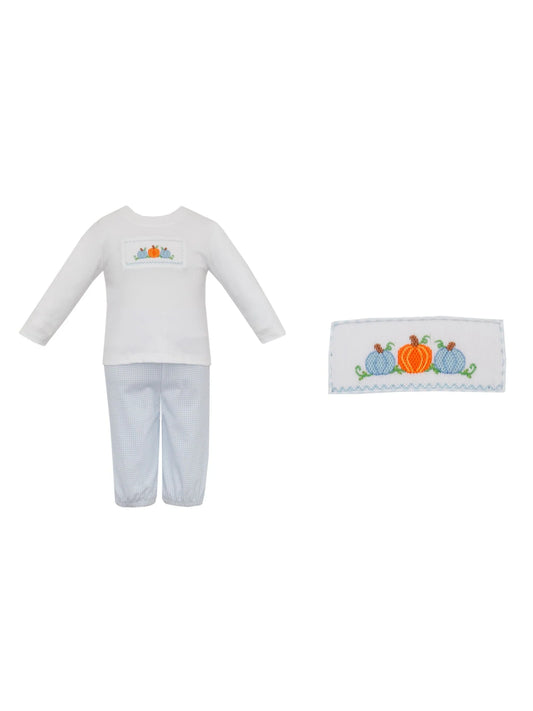Pumpkin Boy's-Blue Gingham knit Boy's Pant Set w/ White Knit Boy's Long Sleeve Shirt