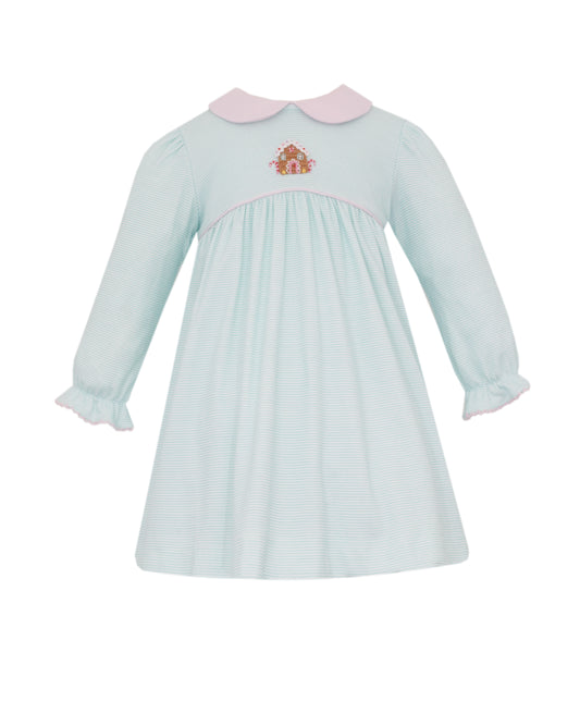 Gingerbread Girl's- Aqua Knot Strip Dress with Pink Collar- Long Sleeve
