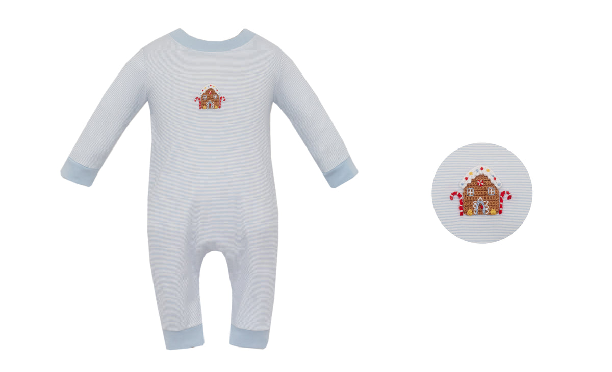 Gingerbread Boy's Lite Blue Knit Stripe Long Romper- Long Sleeves