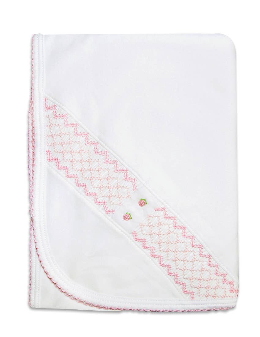 Baby Girl's White Pima Cotton Smocked Flower Blanket