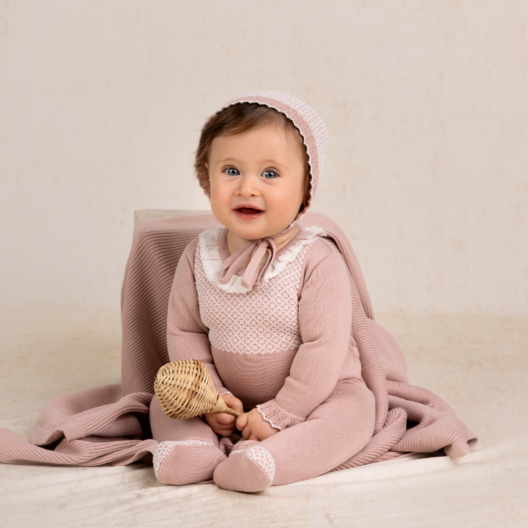 Girls Jacquard Ruffled Knit Romper Footie & Bonnet: Pink