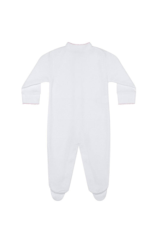 White Bubble Baby Footie: Pink Picot Trim