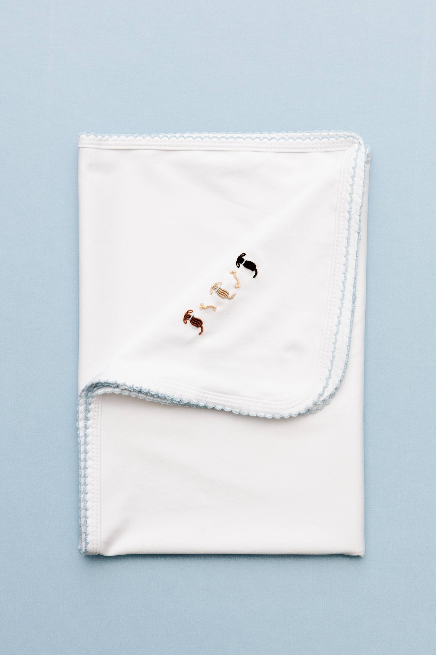 Puppy Dogs Baby Blanket: White with Blue Picot Trim / One Size