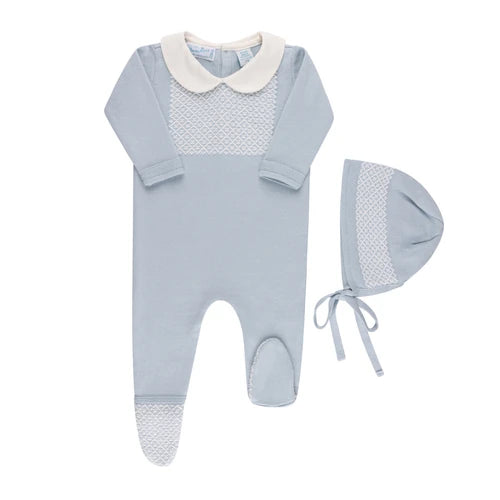 Jacquard Collared Knit Romper & Bonnet- Powder Blue