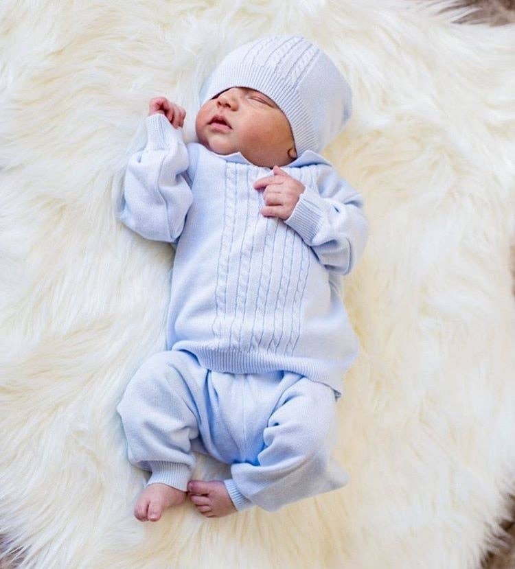 Baby Boy Cable Knit Two Piece with Hat: Blue