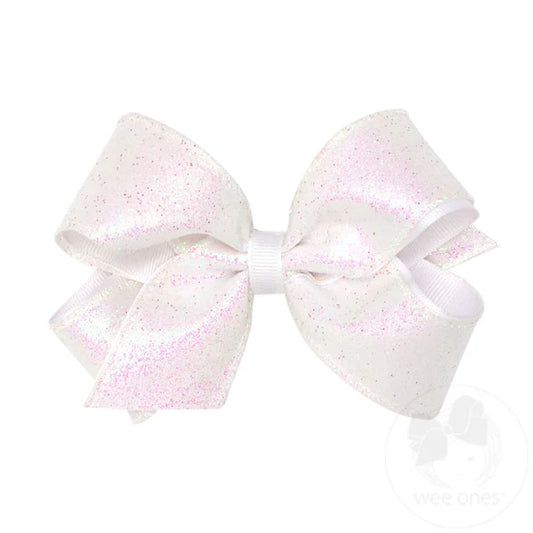 Medium Girls Glitter Overlay Bow - White
