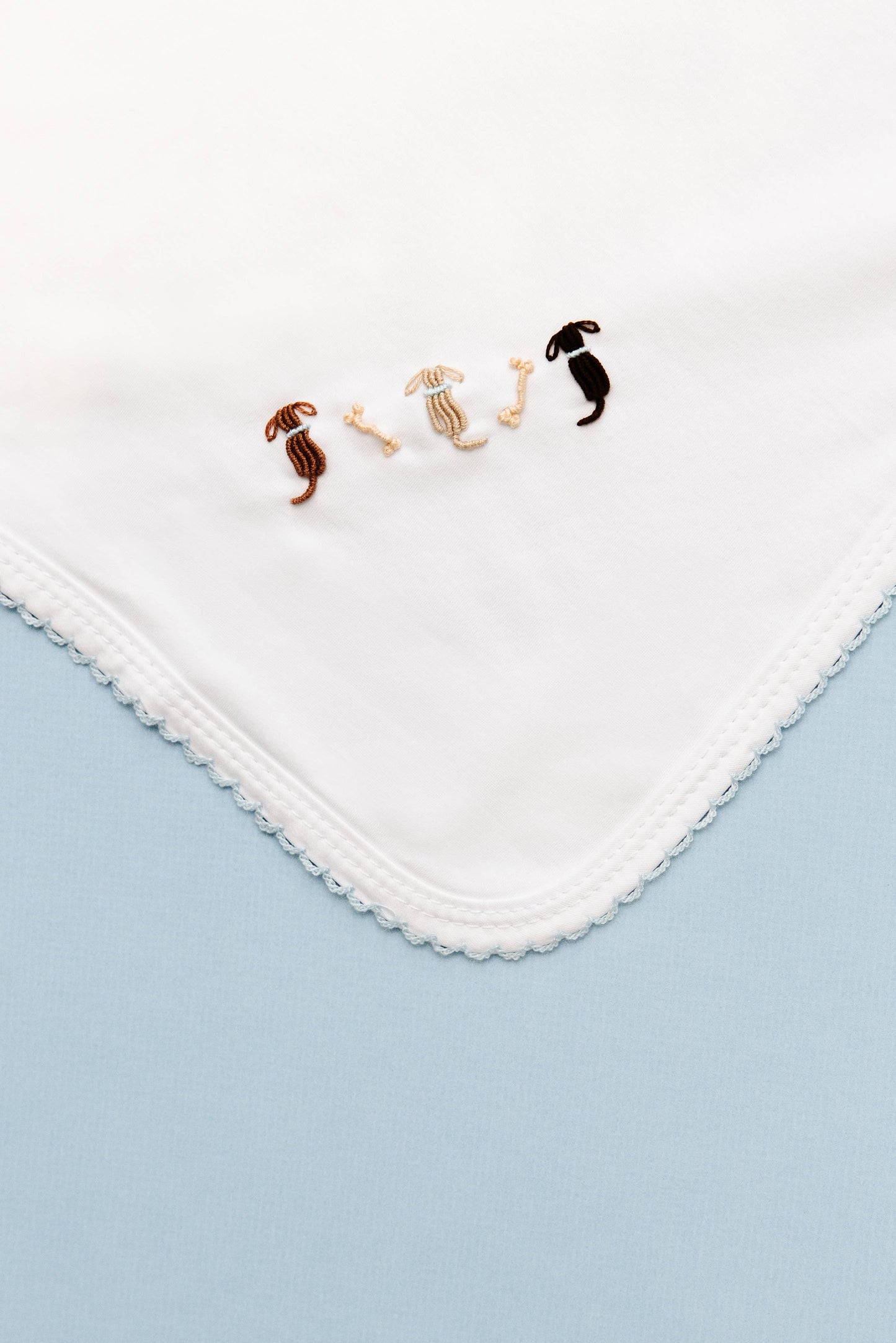 Puppy Dogs Baby Blanket: White with Blue Picot Trim / One Size