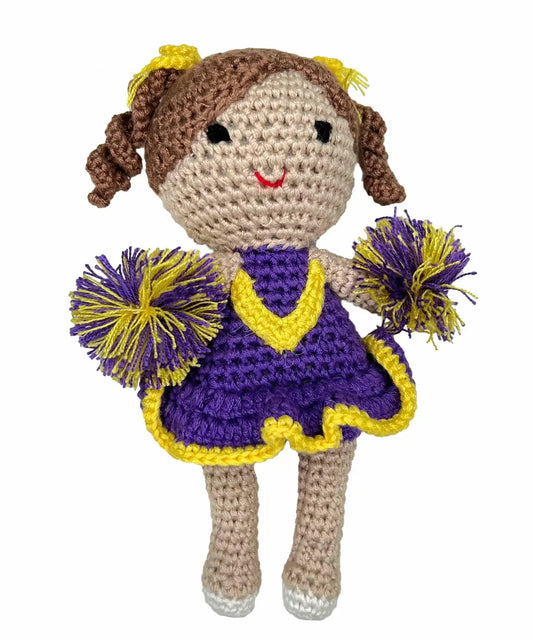 Cheerleader Bamboo Crochet Rattles in Multiple Colors: Purple/Gold / 5" Rattle