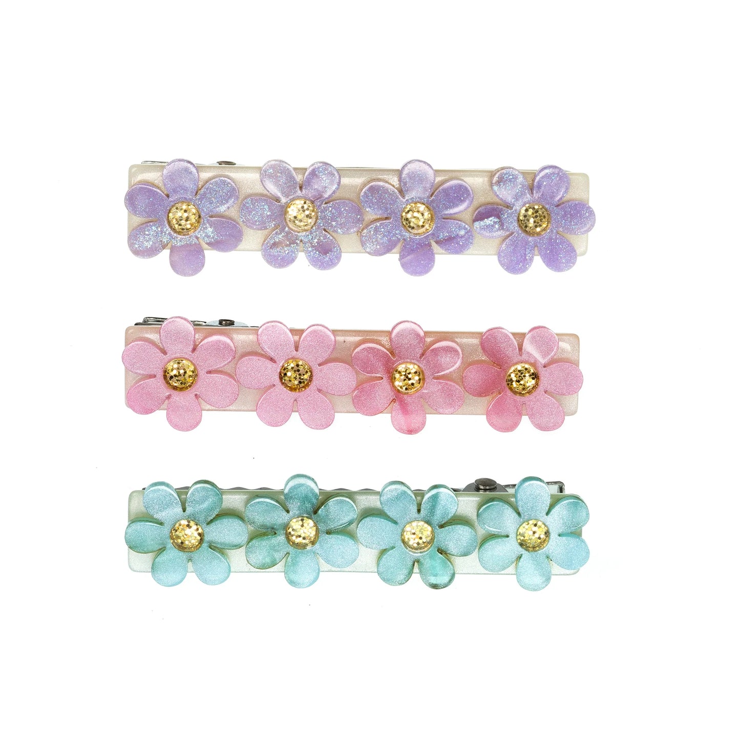 Floral Trio Hair Clip Set, Pink and Purple Shimmer