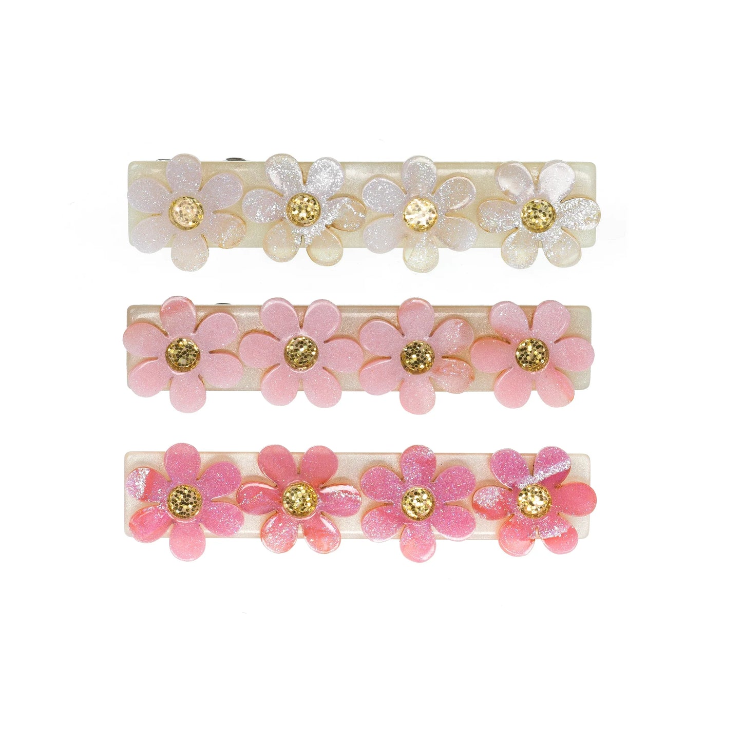 Floral Trio Hair Clip Set, Pink and White Shimmer