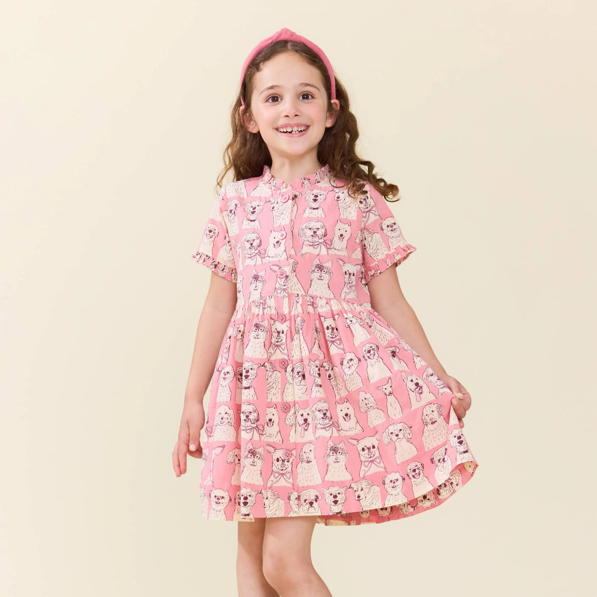 Autumn Dress- Pink Sketched Dogs
