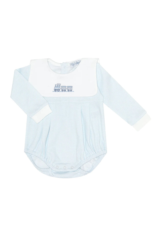 Blue Herringbone Embroidered Bubble Long Sleeve-Train